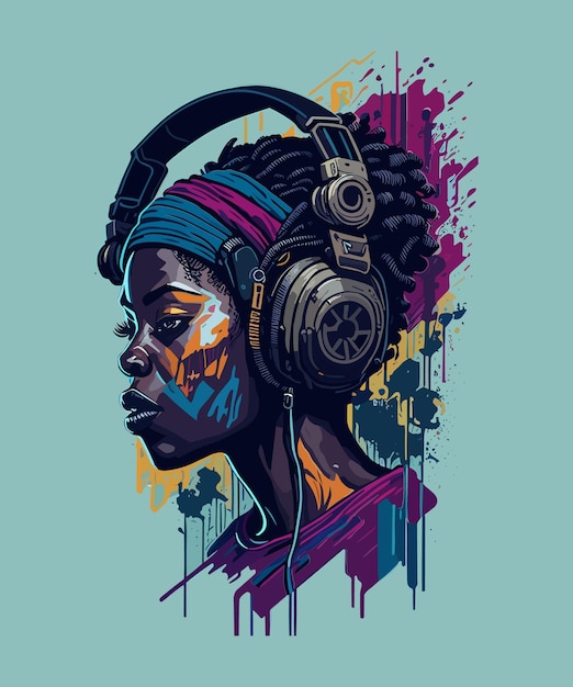 A digital illustration of a woman wearing headphones