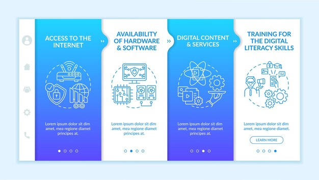 Digital inclusion components onboarding vector template. responsive mobile website with icons. web page walkthrough 4 step screens. digitalization color concept with linear illustrations