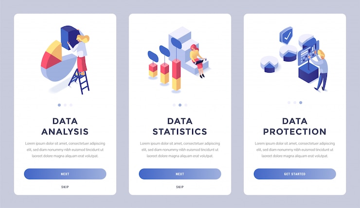 Vector digital information isometric landing page set