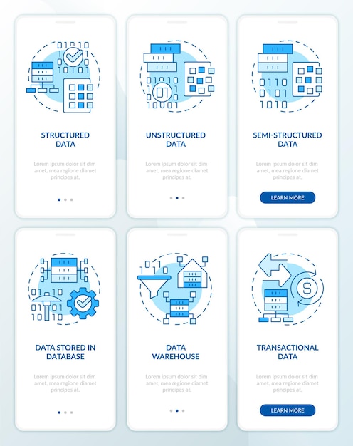 Digital information types blue onboarding mobile app screen set