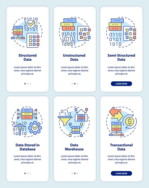 Digital information types onboarding mobile app screen set