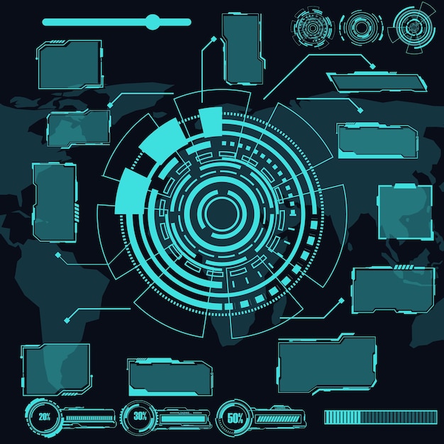 Vettore pacchetto di elementi hud dell'interfaccia digitale set di schermate delle cornici dell'interfaccia utente titoli di richiamo cerchio fui