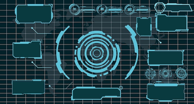 Vettore pacchetto di elementi hud dell'interfaccia digitale. schermate dei frame dell'interfaccia utente. titoli dei callout. cerchio fui