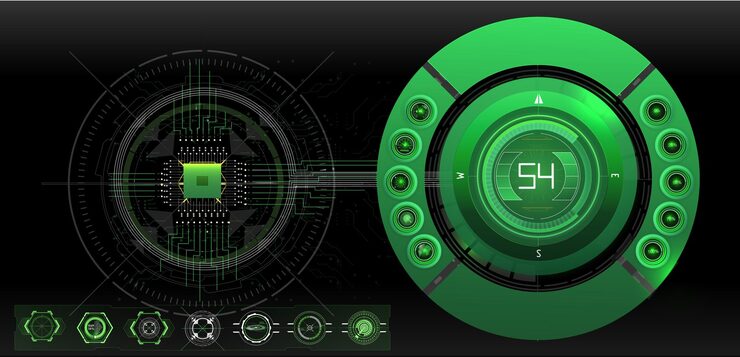 Вектор цифровой интерфейс демонстрирует зеленые визуальные эффекты и показатели данных, подчеркивая современную технологическую тему. дизайн сложен с различными круговыми элементами и числовыми дисплеями.