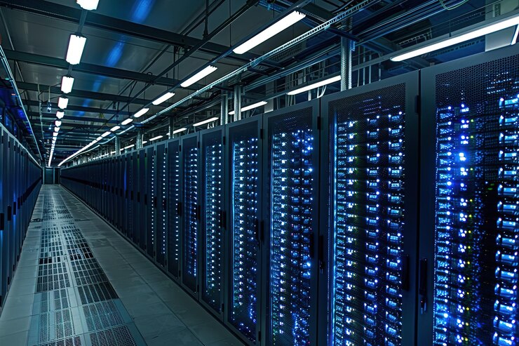 Vector digital interior building hi tech abstract data center server tonel business technology