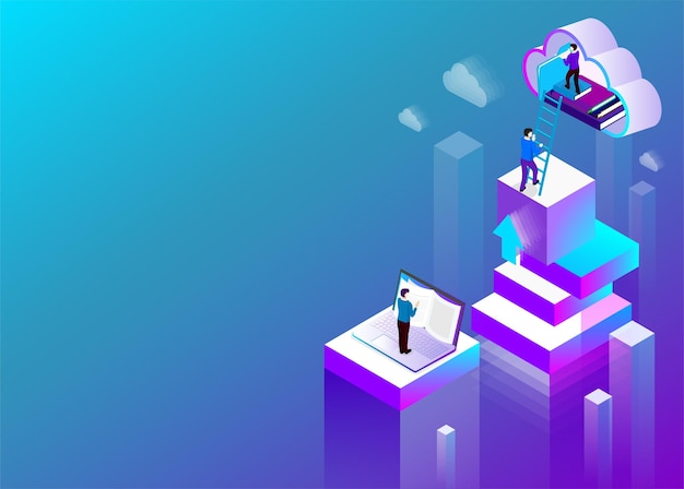 digital library background laptop and cloud storage blue spectrum isometric illustration landing page or presentation template