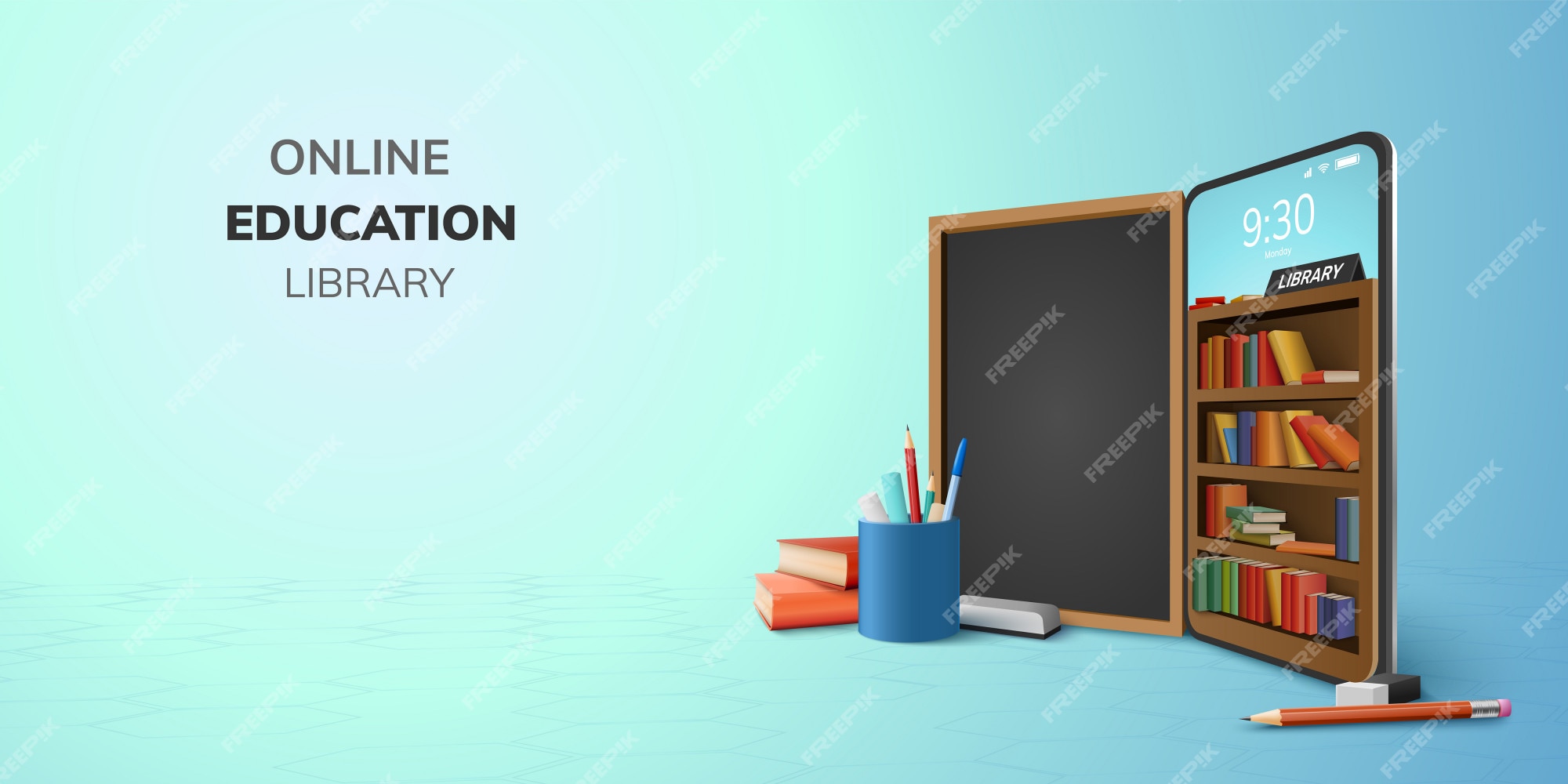 Premium Vector | Digital library online education internet and blank space  on phone, mobile website background. social distance concept. decor by book  lecture pencil eraser blackboard mobile. 3d illustration