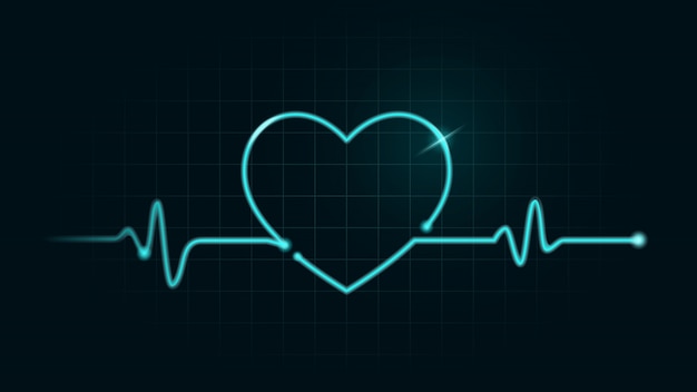 심전도 모니터의 녹색 차트에있는 디지털 선은 움직임이 심장 모양이됩니다. 맥박수 및 건강 개념에 대한 그림.