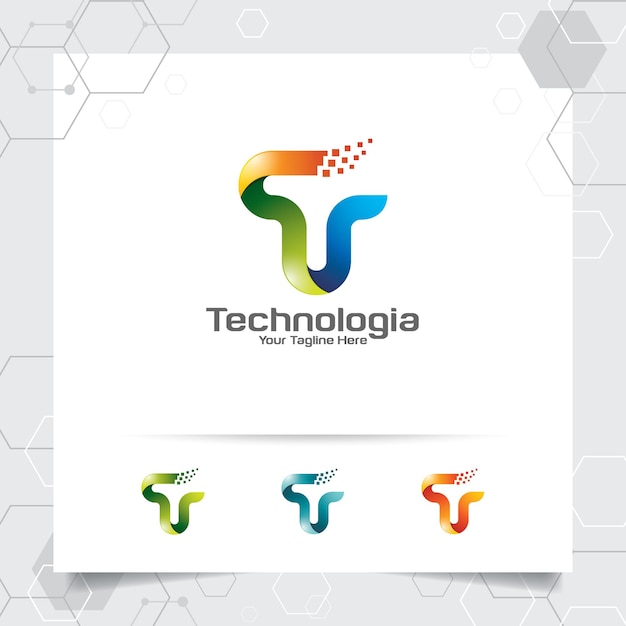 Vector digital logo letter t design vector with modern colorful pixel for technology software studio app and business