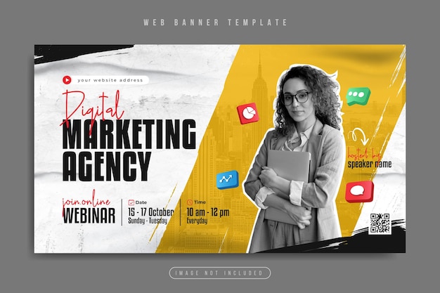Vettore banner web di promozione aziendale dell'agenzia di marketing digitale con l'icona dei social media