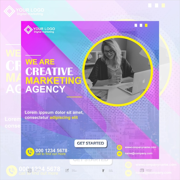 Агентство цифрового маркетинга и корпоративный пост в социальных сетях или шаблон квадратного баннера