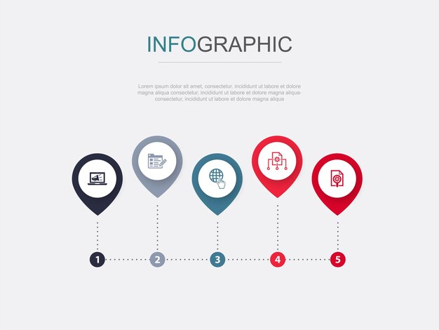 Блог о цифровом маркетинге в Интернете Управление контентом Иконки маркетинговых исследований Инфографический дизайн макета шаблона дизайна Креативная концепция презентации с 5 шагами