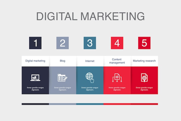 디지털 마케팅 블로그 인터넷 콘텐츠 관리 마케팅 연구 아이콘 인포그래픽 디자인 레이아웃 템플릿 5단계로 구성된 크리에이티브 프레젠테이션 개념