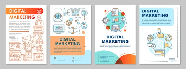 Layout del modello di brochure di marketing digitale. smm, targeting. volantino, opuscolo, stampa di volantini con illustrazioni lineari. layout di pagina vettoriale per riviste, relazioni annuali, manifesti pubblicitari