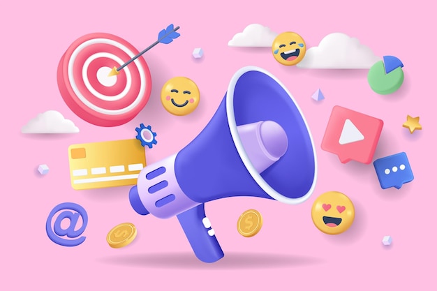 Concetto di marketing digitale illustrazione 3d composizione dell'icona con megafono contenuto video target ed emoji promozione aziendale e campagna pubblicitaria illustrazione vettoriale per il web design moderno