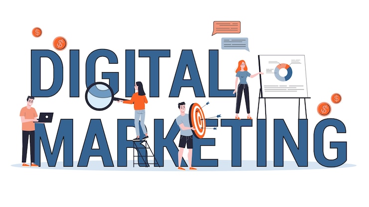 Vector digital marketing concept banner. social network and media communication. seo, sem and online promotion.  illustration in  style