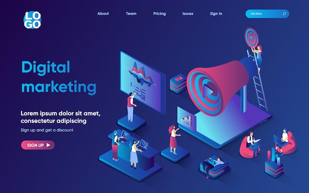 Vector digital marketing concept isometric landing page team promote business advertisement attract