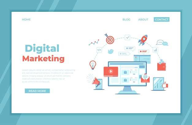 Digital Marketing concept. Landing page template. Business analysis, targeting, management.