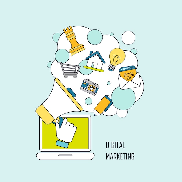 Vettore concetto di marketing digitale: elementi megafono e internet in stile linea
