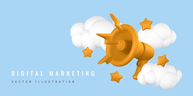 Digital marketing concept Megaphone with lightning and stars in clouds Vector illustration