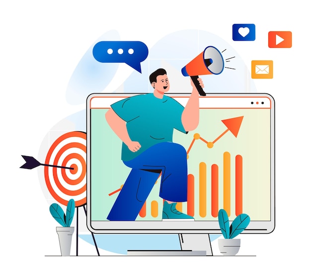 Digital marketing concept in modern flat design Man with megaphone announcing