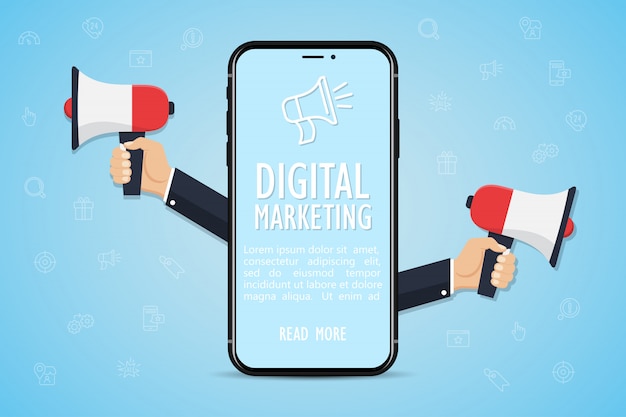 Concetto di marketing digitale. smartphone con le mani che tengono un megafono