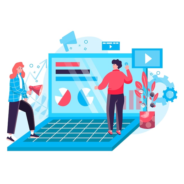 Digital marketing concept. team of marketers analyze data, create advertising content, develop online promotion strategy character scene. vector illustration in flat design with people activities