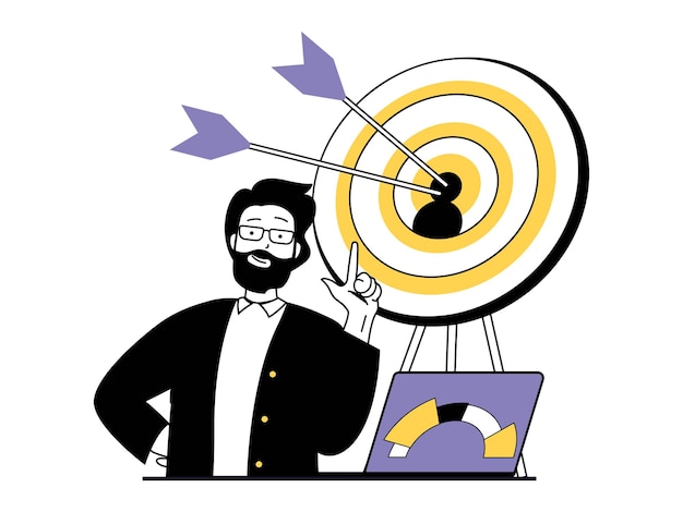 digital marketing concept with character situation man analyzes audience and market trends develops creative advertising and content vector illustrations with people scene in flat design for web