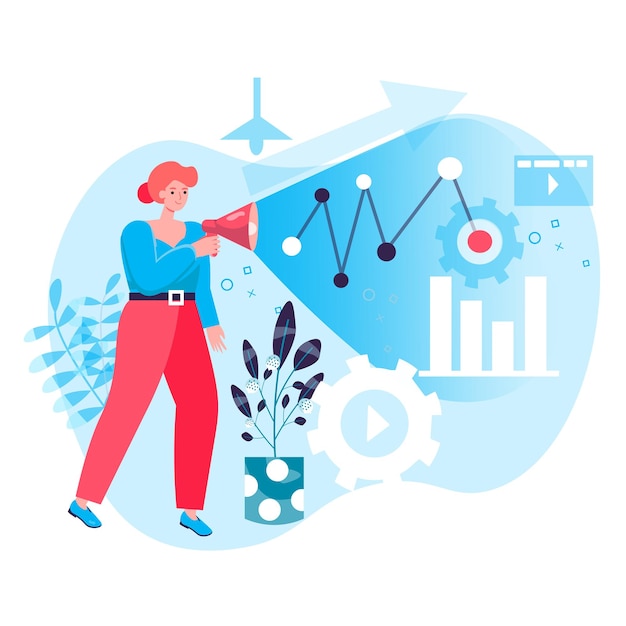 Digital marketing concept. Woman with megaphone attracts new customers, promotes business with success online strategy character scene. Vector illustration in flat design with people activities