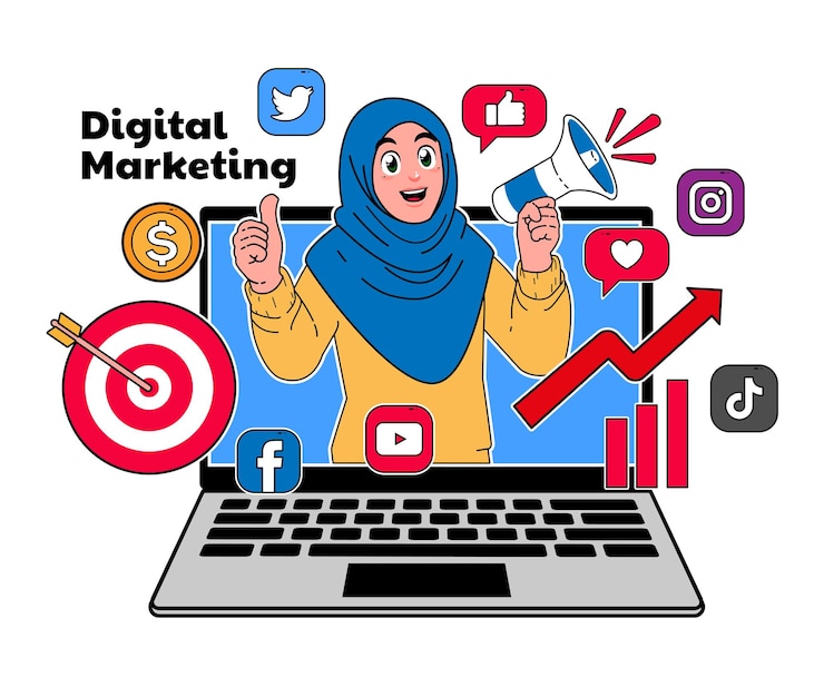 Digital marketing concept women wearing hijab do digital promotions