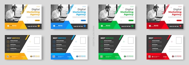 Set di modelli di cartoline aziendali di marketing digitale con colore rosso giallo verde blu Vettore Premium