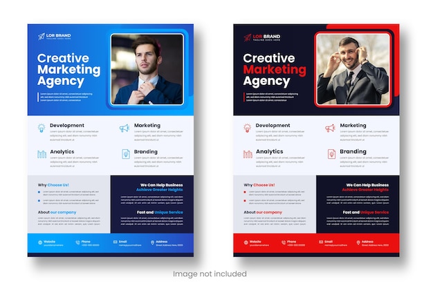 赤と青の色でデジタルマーケティング企業のモダンなビジネスチラシデザインテンプレート