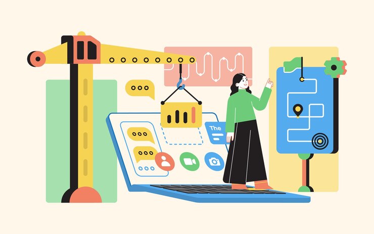 Vector digital marketing crane constructing content and strategy