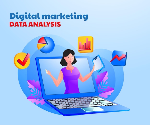 Анализ данных цифрового маркетинга с символом женщины и ноутбука