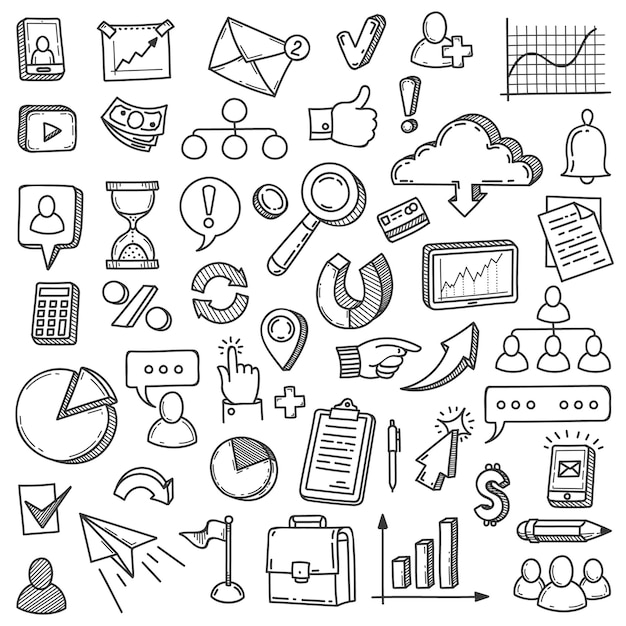 Digital marketing doodle. Media market business internet management. Blog communication startup team innovation presentation vector set. Illustration digital marketing icons sketch