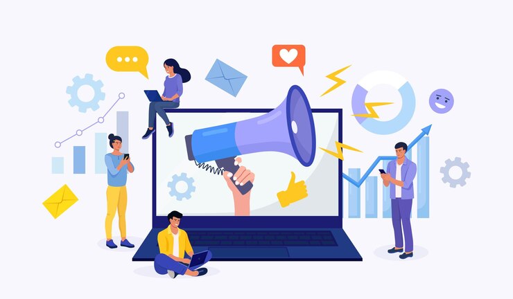 Vector digital marketing hand holding megaphone coming out from laptop business analysis content strategy and management advertising social media campaign communication seo