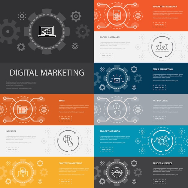 Vector digital marketing infographic 10 line icons banners.internet, marketing research, social campaign, pay per click simple icons