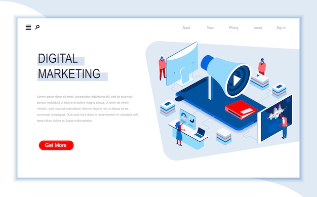 Vettore modello di landing page isometrica di marketing digitale.