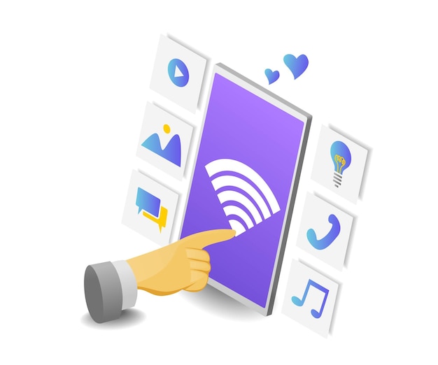 Vettore illustrazione di stile isometrico di marketing digitale con telefono cellulare e icona wifi