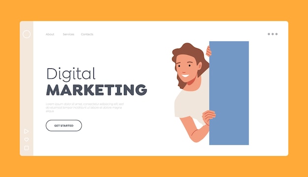 Digital Marketing Landing Page Template Smiling Woman Peeping Happy Curious Female Character Looking From Behind Blue Rectangular Shape Curiosity Concept Cartoon People Vector Illustration