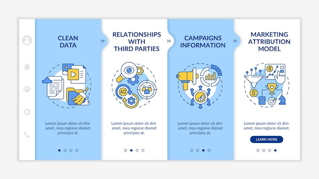 Digital marketing platform options blue and white onboarding template Responsive mobile website with linear concept icons Web page walkthrough 4 step screens LatoBold Regular fonts used