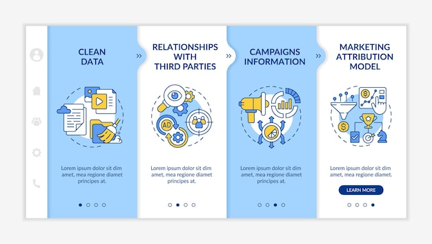 デジタルマーケティングプラットフォームオプション青と白のオンボーディングテンプレート線形コンセプトアイコンを備えたレスポンシブモバイルWebサイトWebページのウォークスルー4ステップ画面LatoBold通常のフォントを使用