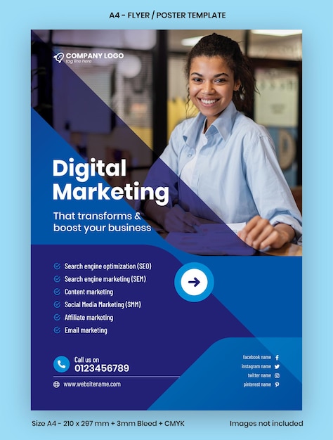 Modello di volantino o poster A4 per servizi di marketing digitale