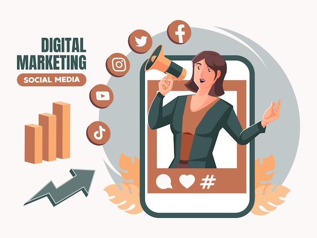 Vector digital marketing social media concept with woman holding megaphone