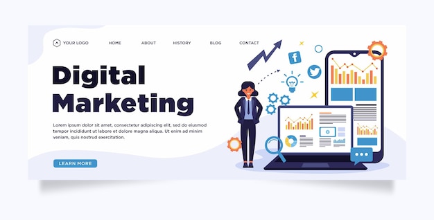 Vector digital marketing social media and data analysis landing page template