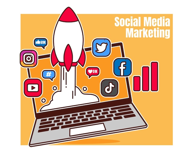 Social media di marketing digitale con razzo e laptop