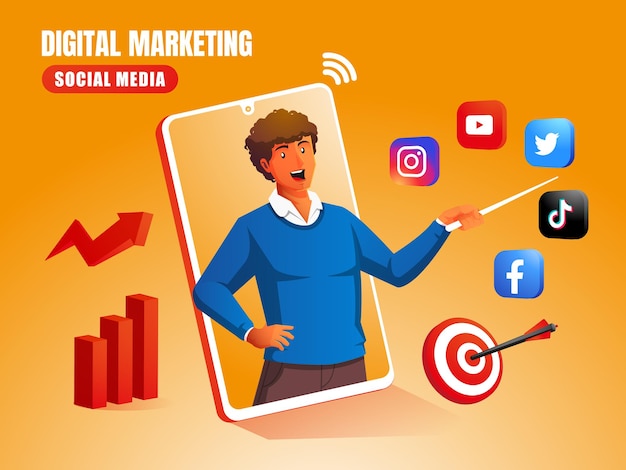 소셜 미디어 로고 및 그래픽 다이어그램이 있는 디지털 마케팅 소셜 미디어