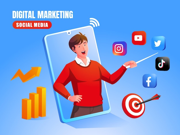 Social media di marketing digitale con loghi dei social media e diagrammi grafici