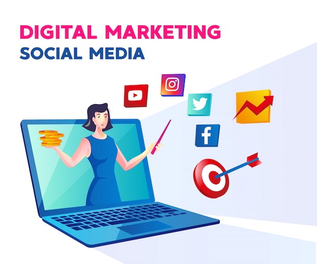 Digital marketing social media con una donna e un simbolo di laptop