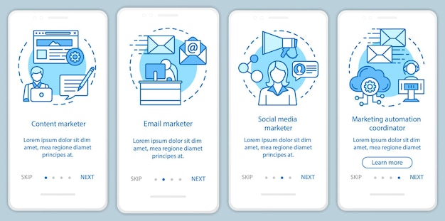デジタルマーケティングスペシャリティブルーオンボーディングモバイルアプリページ画面ベクトルテンプレート。コンテンツマーケターのウォークスルーウェブサイトのステップと直線的なイラスト。 UX、UI、GUIスマートフォンインターフェースの概念